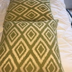 2 olive green /cream feather pillows