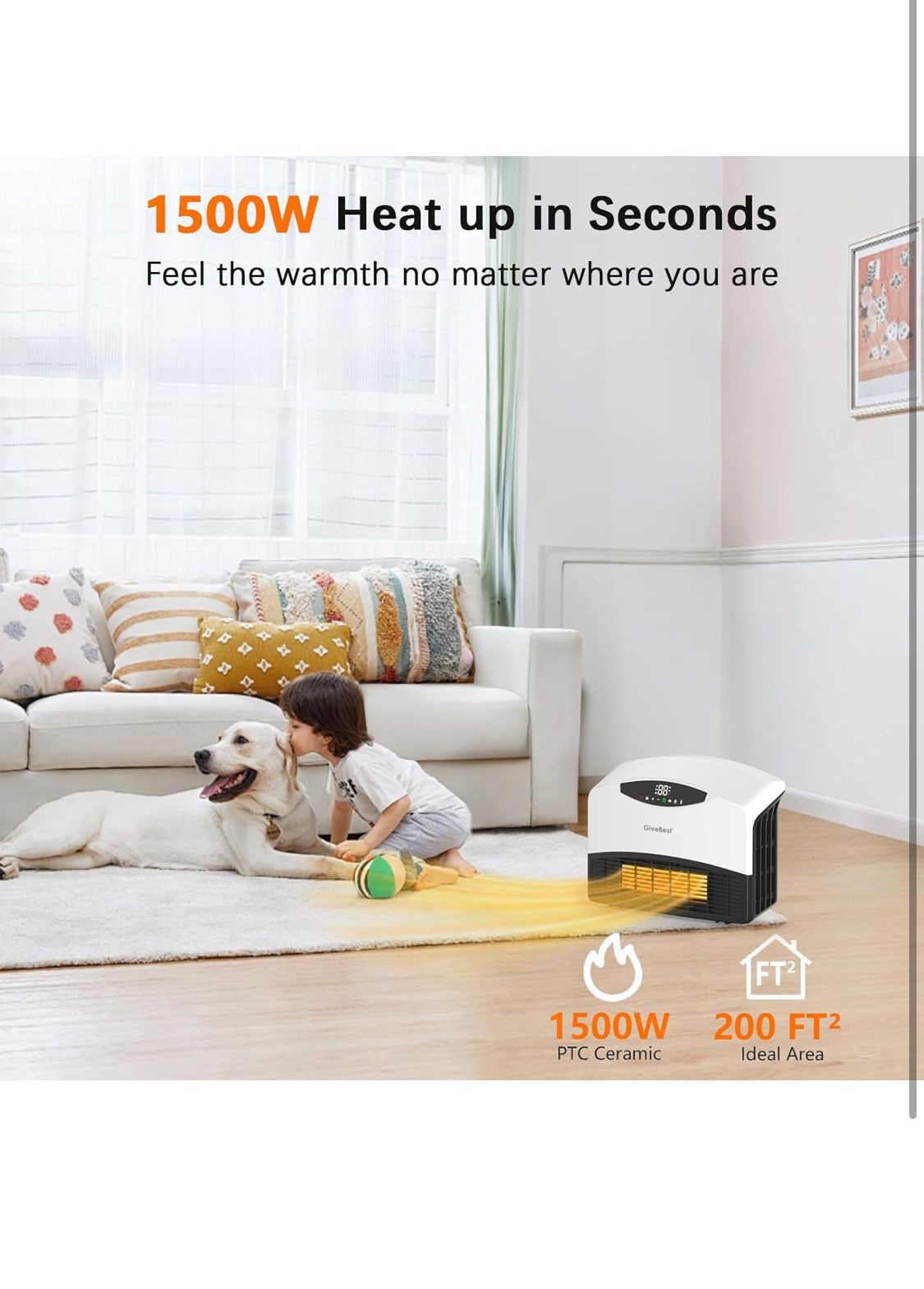 GiveBest Smart Wall Heater - 1500W Space Heater for Indoor Use, Work with Alexa, Adjustable Thermostat, Remote and WiFi Control, 24H Timer, Easy-mount