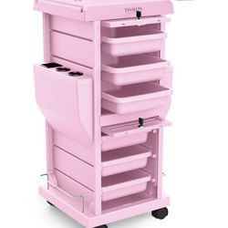 TASALON Space-Saving Salon Trolley Cart with Lockable 6 Trays & 2 Holders - Ultimate Hair & Beauty Storage Solution，Pink