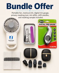 Small Utility Bundle — Tire Gauge, Mini Fan, Nail Kit, Privacy Roller