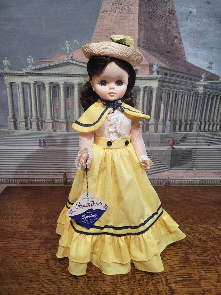 Vintage 1979 Effanbee Grands Dames Four Seasons Spring Doll - 12" Vinyl Beauty in Sunny Yellow Gown with Original Hat, Purse & Tag