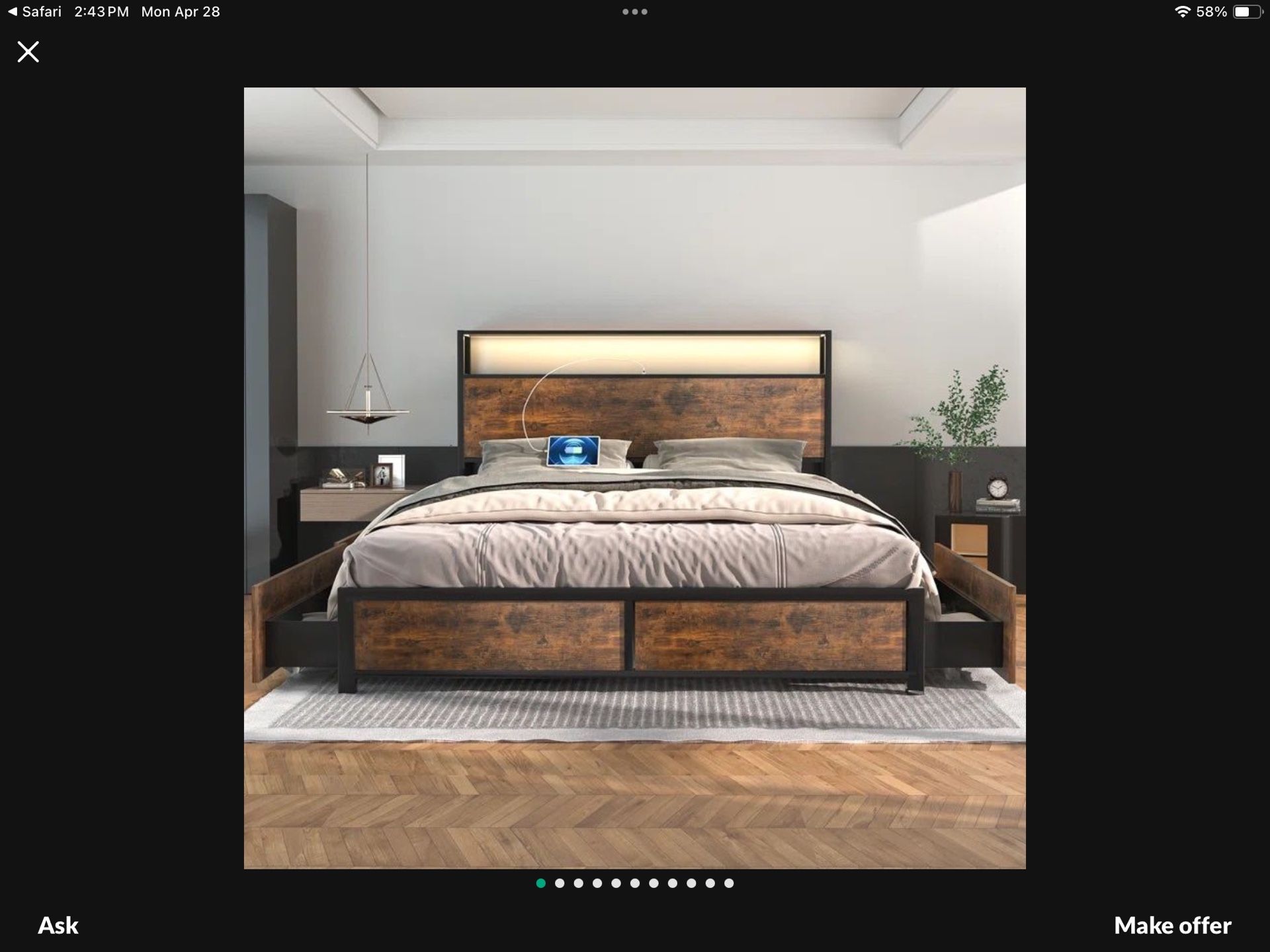 Queen Bed Frame with 4 Storage Drawers and Charging Station & LED Lights