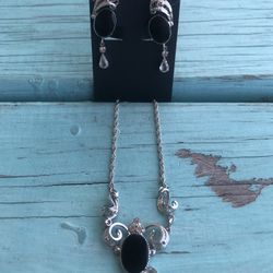 Rare Elegant Vintage 1960s Ann Lee STERLING Silver Black Onyx 16” Necklace-Screw back Earrings Set New Old Stock