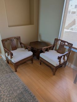 Vintage Asian Carved Armchairs & Matching Hexagonal End Table Set