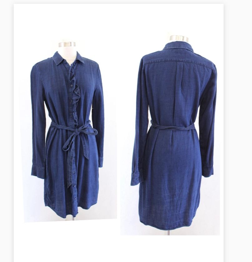Banana Republic Chambray Ruffle Button Front Tie Waist Shirt Dress Size 2