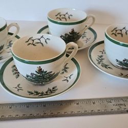 Spode Christmas Tree Tea Cup and Saucer (set of 4, 8 pieces total)