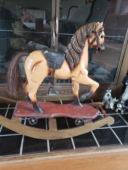 Vintage Hand Carved Wooden Toy Rocking Horse.