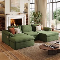 Oversized 109" Boneless Sectional Couches for Living Room, U-Shaped Cloud Couch Sofa with Corduroy Fabric, 3 Seat Foam Sofa with 2 Ottomans, No Assemb