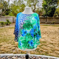Ruby Rd Tropical Green Floral Multicolored Leopard Boho Bohemian Med Poncho EUC