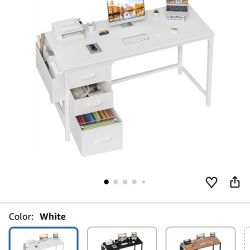 Lufeiya White Computer Desk with Fabric File Drawers Cabinet, 55 Inch Reversible Desks with Storage Filing Cabinet for Home Office, Modern Writing Tab