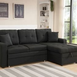 Brand New 88" x 61" Black Or Gray Fabric Convertible Sofa Chaise