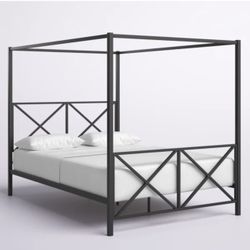 Black Metal Canopy Bed Frame – Queen Size – Modern Minimalist