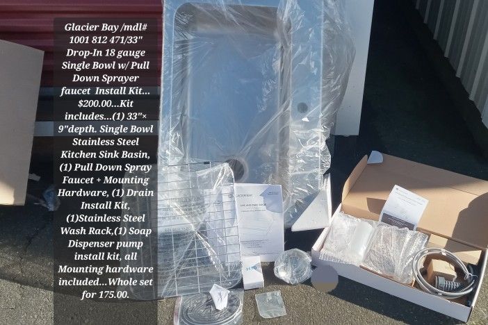 Glacier Bay Mdl.#1001 812 471/ 18 GAUGE DROP IN Kitchen Sink Basin And Pull Down Faucet Install Kit....