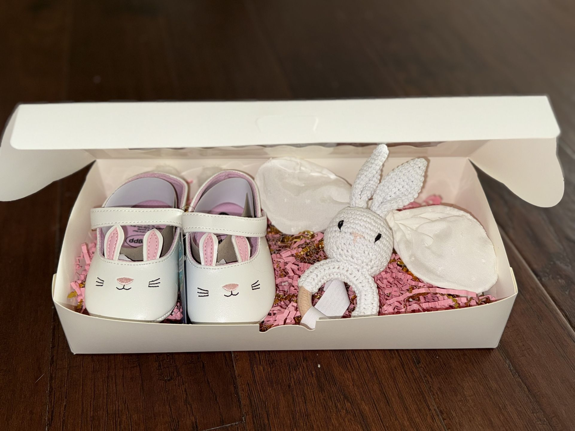 Infant Girl Easter Bunny Shoes, Bow & Rattle Gift Set