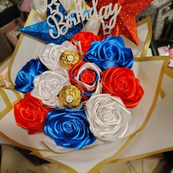 July 4th Birthday Bouquet Of Ribbon Roses