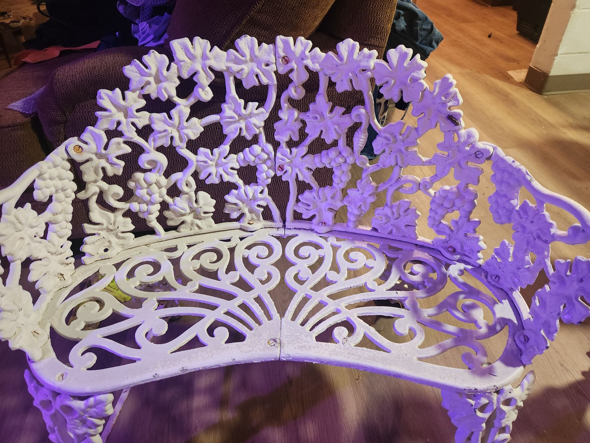 Two antique Victorian style garden benches, cast iron white grapevine