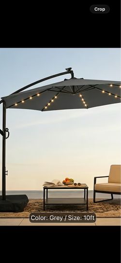 Brand new grey color of 10Ft Solar Lights Offset Cantilever Patio Umbrella - W/Light And Base, LED Lighted Offset Hanging Patio Outdoor Market Umbrell