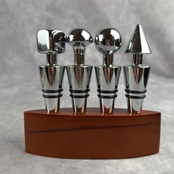 Wine Bottle Stoppers Set of 4 Stainless Steel w/ Wood Stand