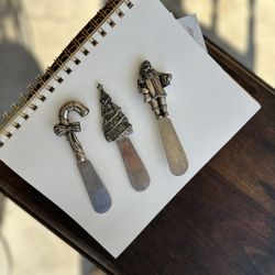 Silver Plated Cheese And Charcuterie Spreaders Christmas Theme Stainless Steel Set of Three 3