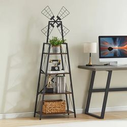 Tier Metal Bookshelf with Windmill Design - Black Industrial Display Storage Shelves, Open Back Modern Organizer for Living Room & Home Office, Easy