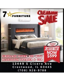 Fireplace queen bed with Bluetooth speakers & USB