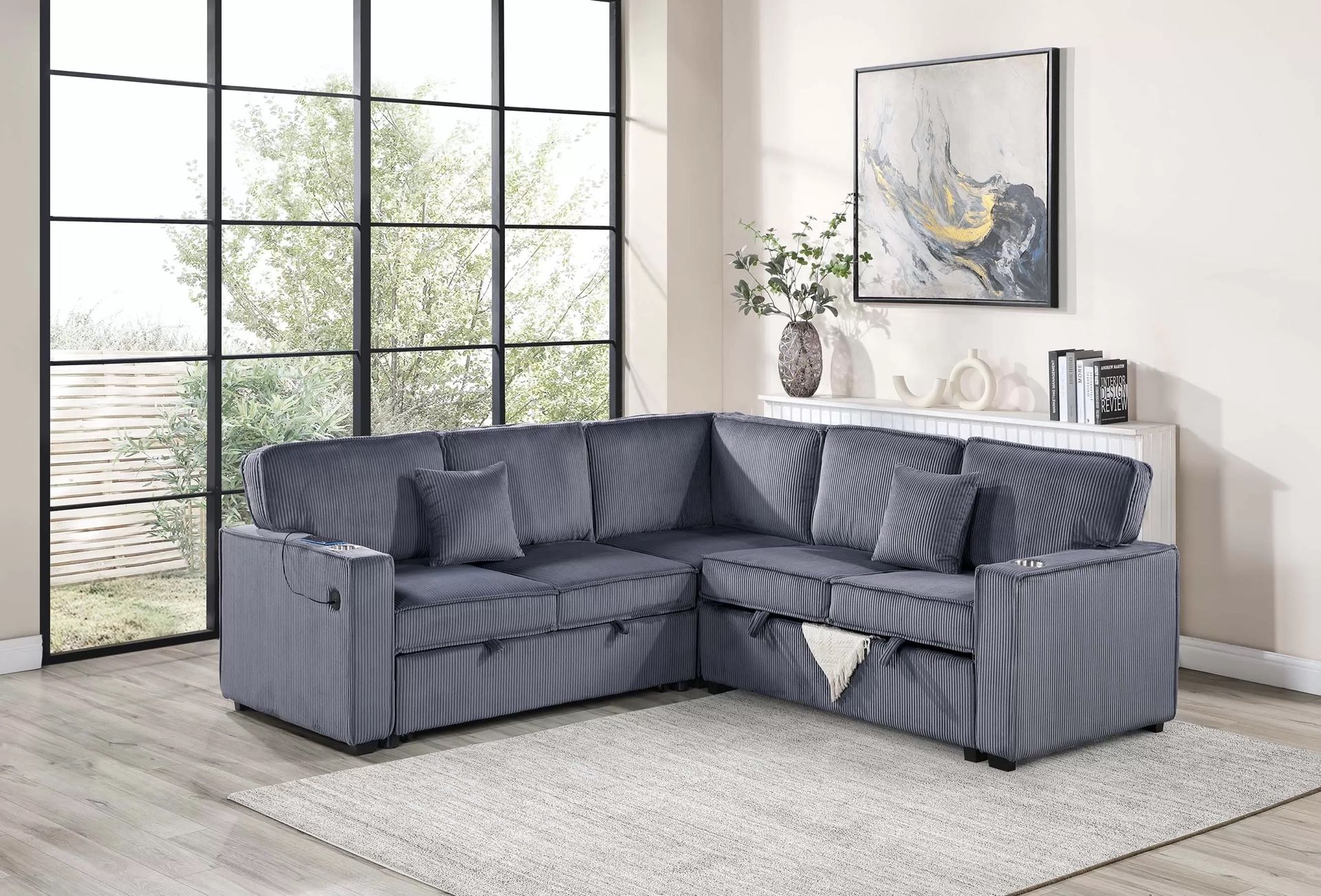Dark Gray Sofa Sectional w/ Pull- Out Sleeper & USB Ports