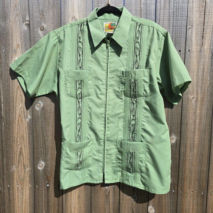Haband Guayabera Shirt Mens Large Green Zip Front Embroidered 4 Pocket