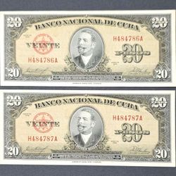 20 Pesos 1958-banco Nacional De Cuba-UNC-serie Consecutiva