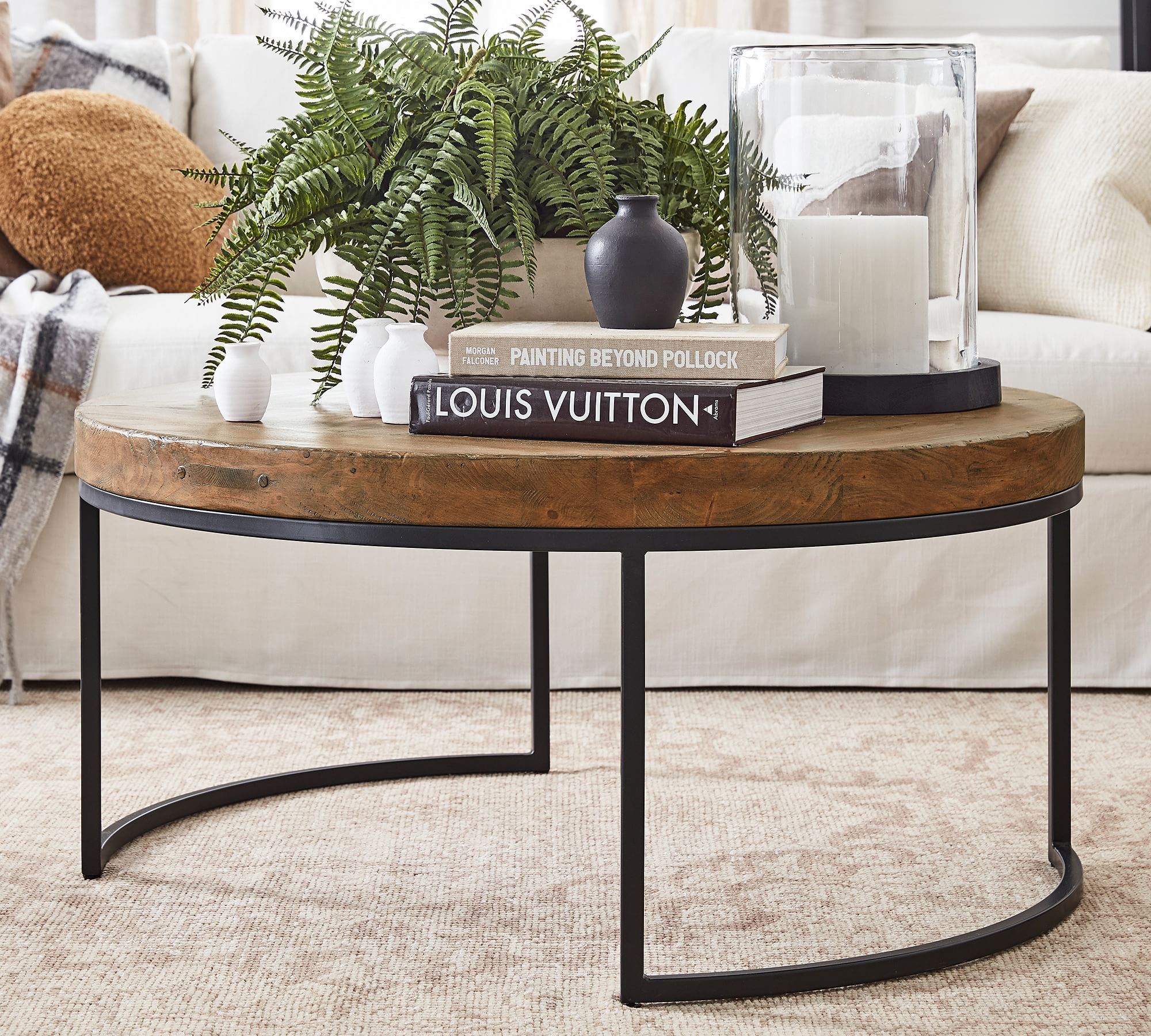40” Diameter Pottery Barn Malcolm Round Nesting Coffee Table, Glazed Pine