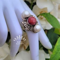 Sterling Silver 925 Ring Pearl and Ruby stone