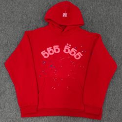 red 555 spider hoodie with pink and blue paint splatter