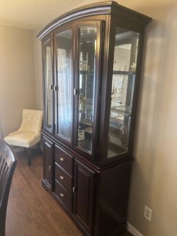 Dark Wood Dining Set with China Cabinet with Glass Doors