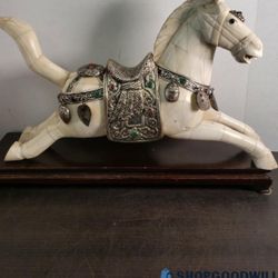 Bone And Jeweled Silver Accents Horse Statue 