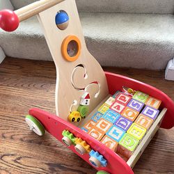 Wooden Hape Baby Walker Wagon with 40 Large Alphabet Numbers Blocks ($30 for all)
