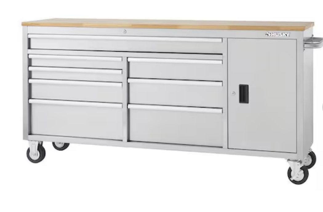 72 in. W x 18 in. D Heavy Duty 8-Drawer 1-Door Mobile Workbench Tool Chest with Solid Wood Top in Stainless Steel