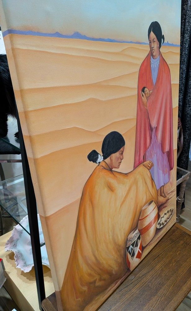 Beautiful Oil Painting On Canvas Of Two Women In Desert With Child!