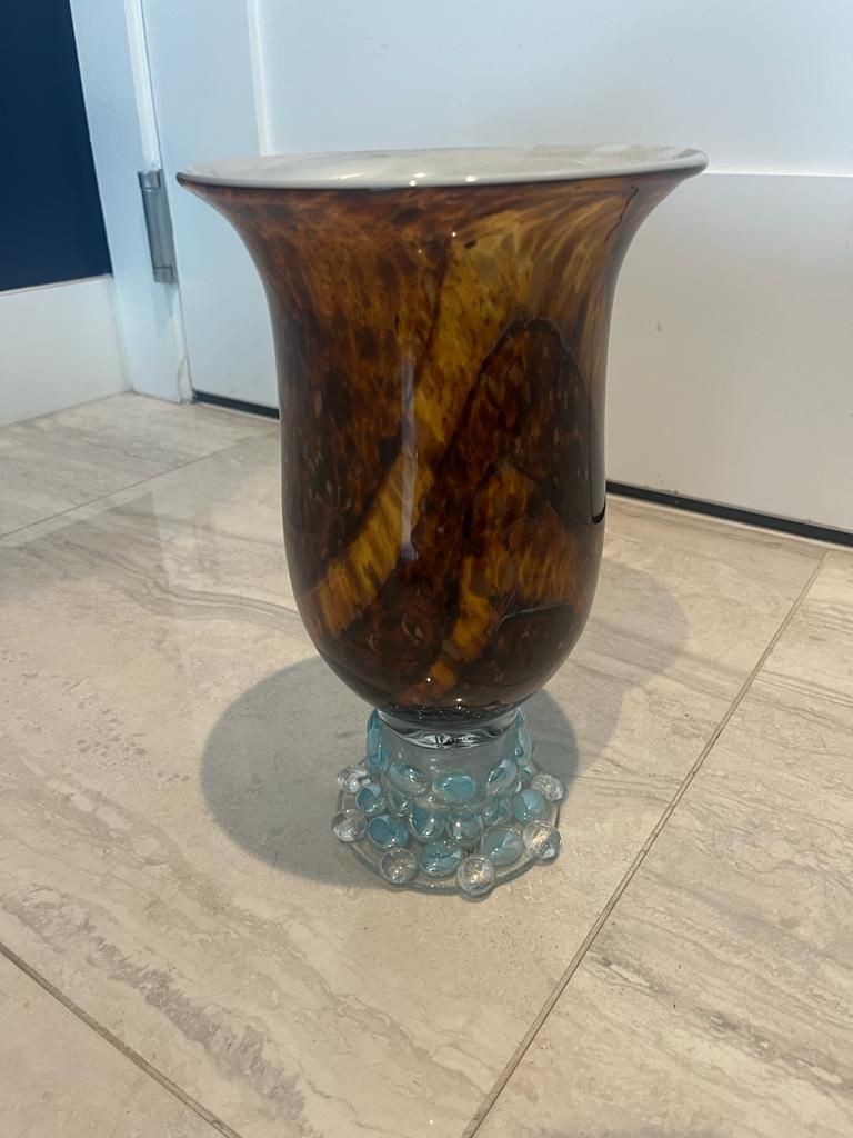 Amber glass vase with stone base 12” x 8”