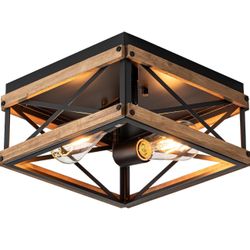 2-Light Rustic Farmhouse Fixture with Metal & Wood Frame