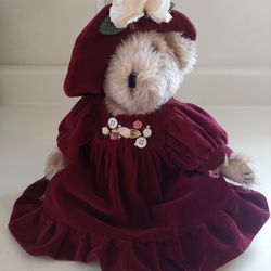 11" Brown Bear Wearing a Red Velvet Dress and Matching Flowered Hat by Wang's International with Articulating Arms and Legs. Stuffed animals plush. Pr