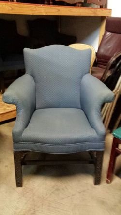 Blue wing back chair mahogany color ornate carved legs