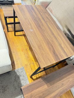 Wood Top Table with Black Metal Frame two bench