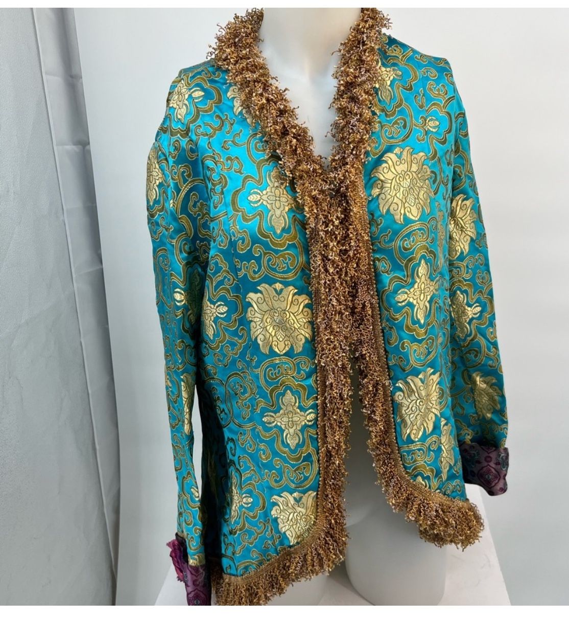 Vintage Fairy Core Y2K  Jacket Fringe whimsical  Bows Turquoise Brocade The Find