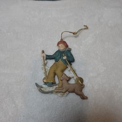 Vintage Skiing Child with Dog Christmas Ornament 1980's