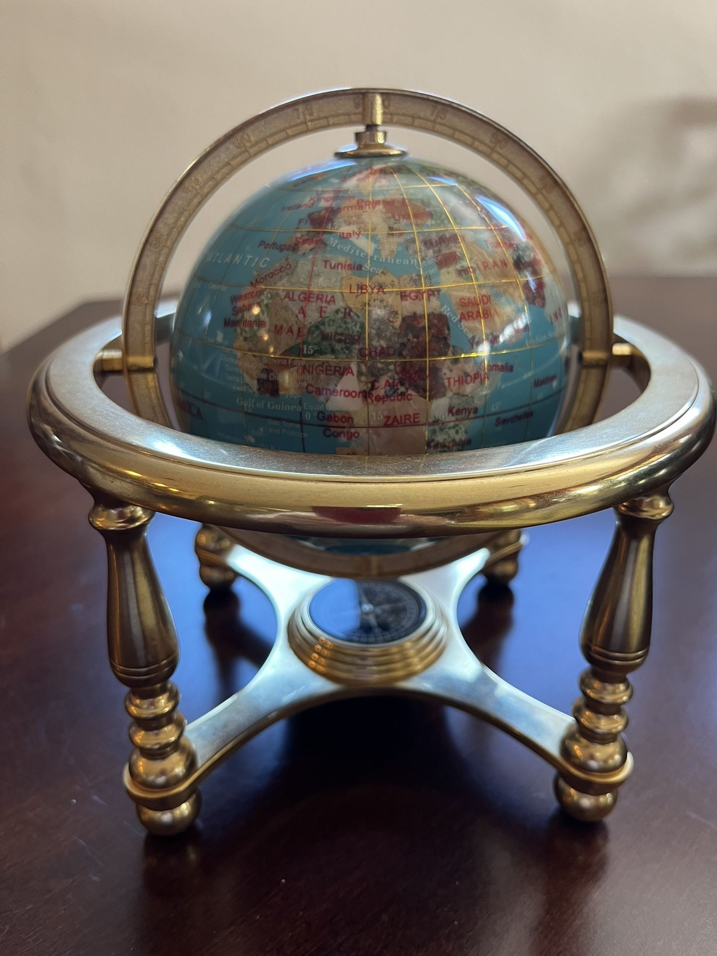 7inch Desktop World Globe In Heavy Brass Stand W Compass Great Xmas Gift