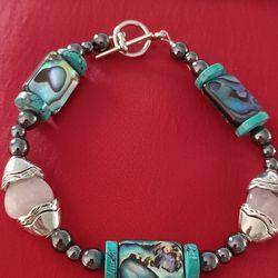 Vtg.Abalone& Pink Quartz & Hematite & Turquoise Silver Bracelet- 8 In.
