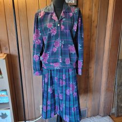 Vintage TanJay Women's 2-Piece Green Floral Jacket Skirt Set Size 8 Purple Roses