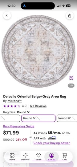 5’ round area rug washable new in bag
