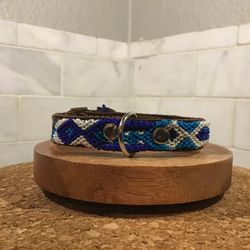 Handmade Dog Collar – 10” XS – Blue & White Artisan Wave Pattern