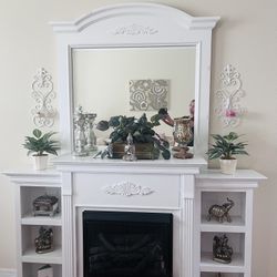 Mirror, Fireplace, And Shelves