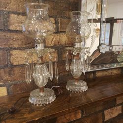 Vintage Pair Hurricane Hanging Crystals Lamps

